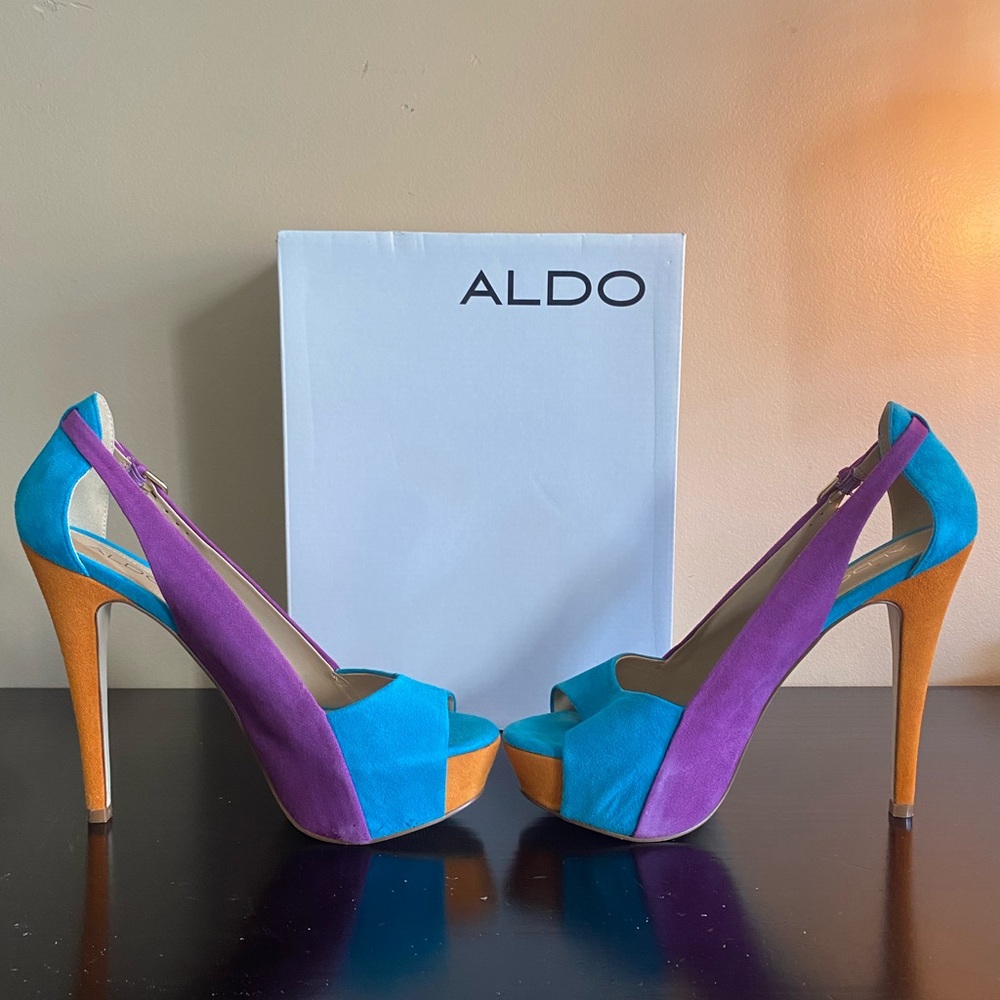 Aldo- Mazar peep toe heel! Suede Turquoise/purple/orange. Size 10